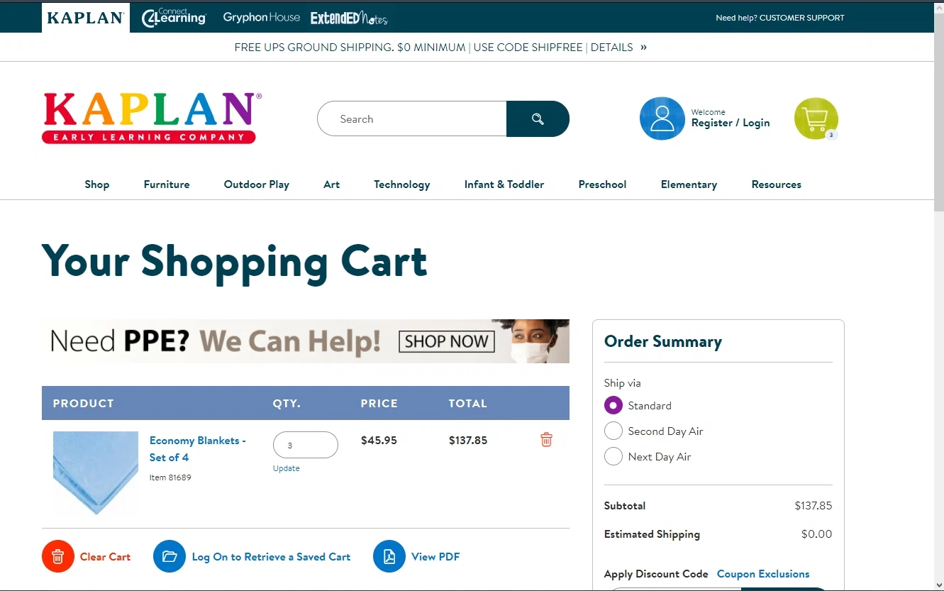 Kaplan Early Learning Company checkout page showing Kaplan Early Learning Company promo code box | Screenshot taken by SimplyCodes community member on Sep 24, 2021