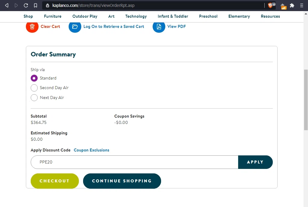 Kaplan Early Learning Company checkout page showing Kaplan Early Learning Company promo code box | Screenshot taken by SimplyCodes community member on Mar 14, 2021