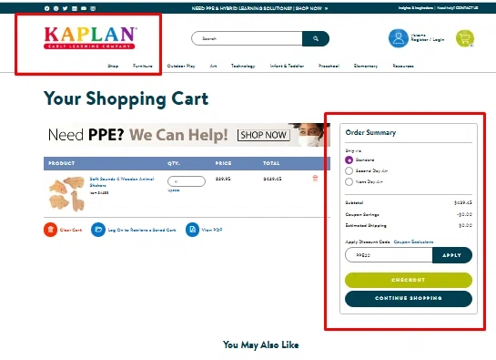 Kaplan Early Learning Company checkout page showing Kaplan Early Learning Company promo code box | Screenshot taken by SimplyCodes community member on Feb 27, 2021