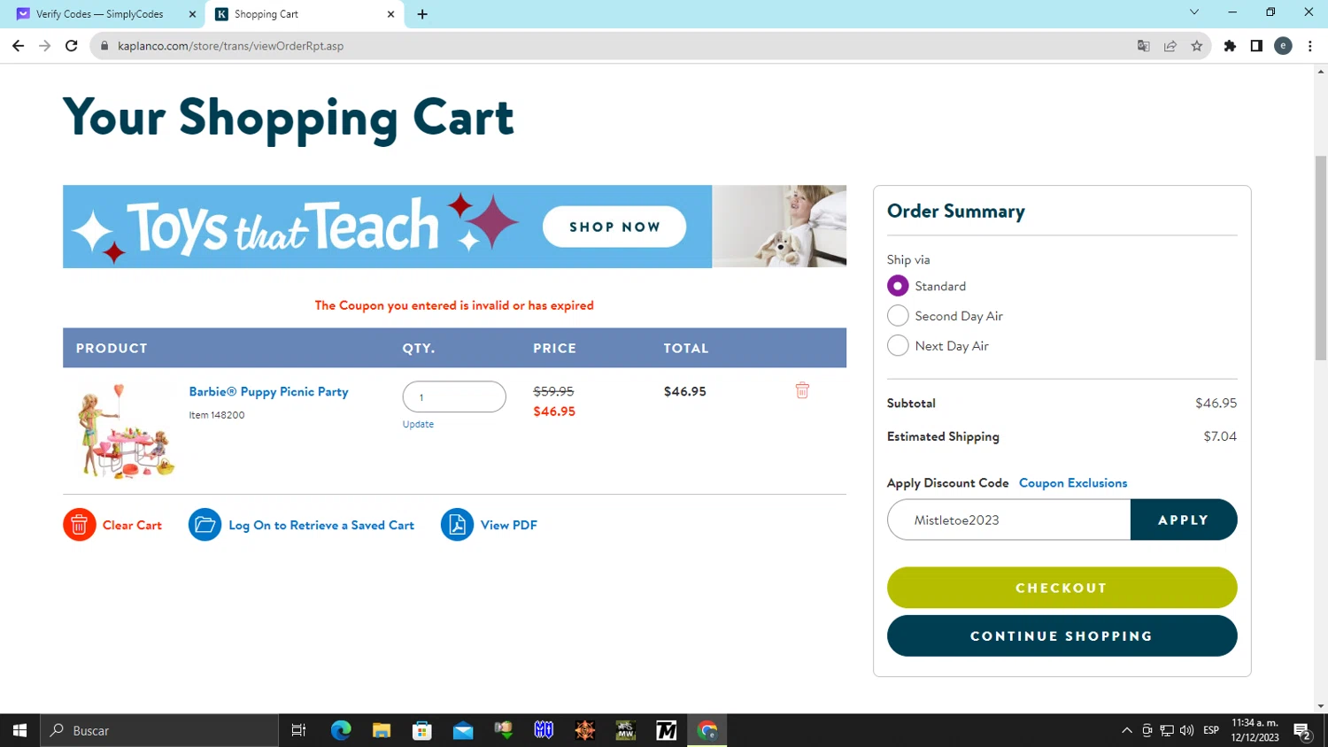 Kaplan Early Learning Company checkout page showing Kaplan Early Learning Company promo code box | Screenshot taken by SimplyCodes community member on Dec 12, 2023