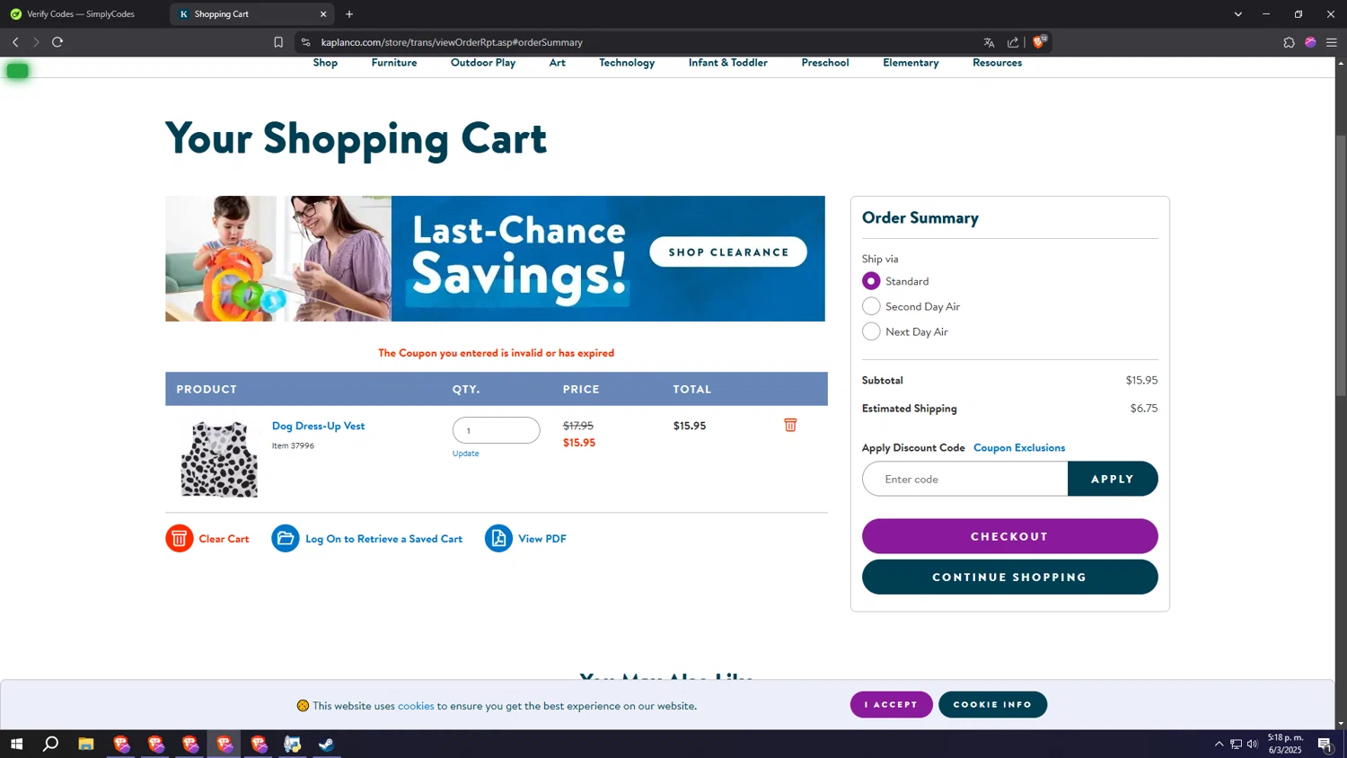 Kaplan Early Learning Company promo code screenshot showing code FREESHIP100 applied at Kaplan Early Learning Company checkout page. Uploaded by SimplyCodes community member SALCHICHA on Mar 6, 2025