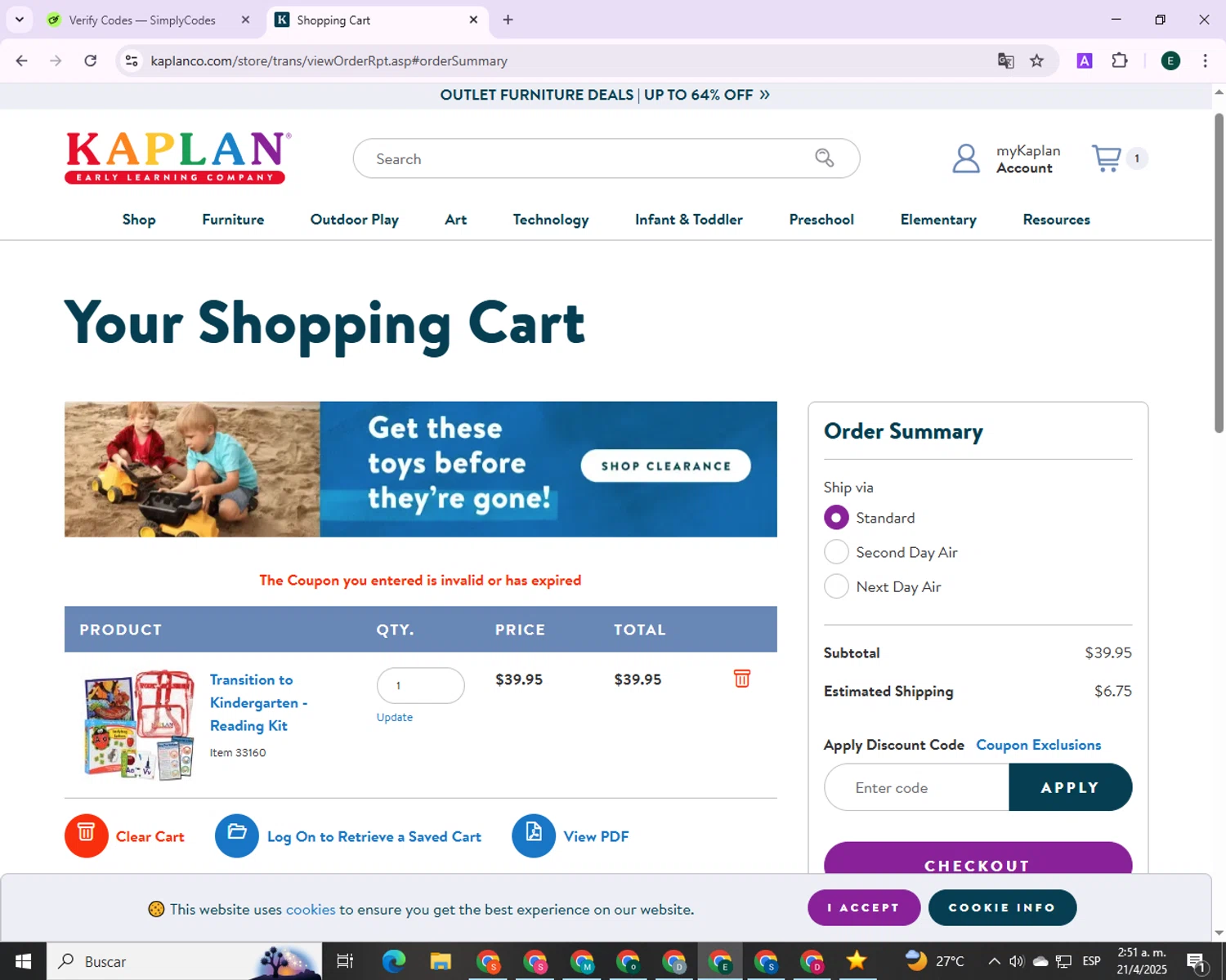 Kaplan Early Learning Company promo code screenshot showing code FREESHIP50 applied at Kaplan Early Learning Company checkout page. Uploaded by SimplyCodes community member 00000006 on Apr 21, 2025