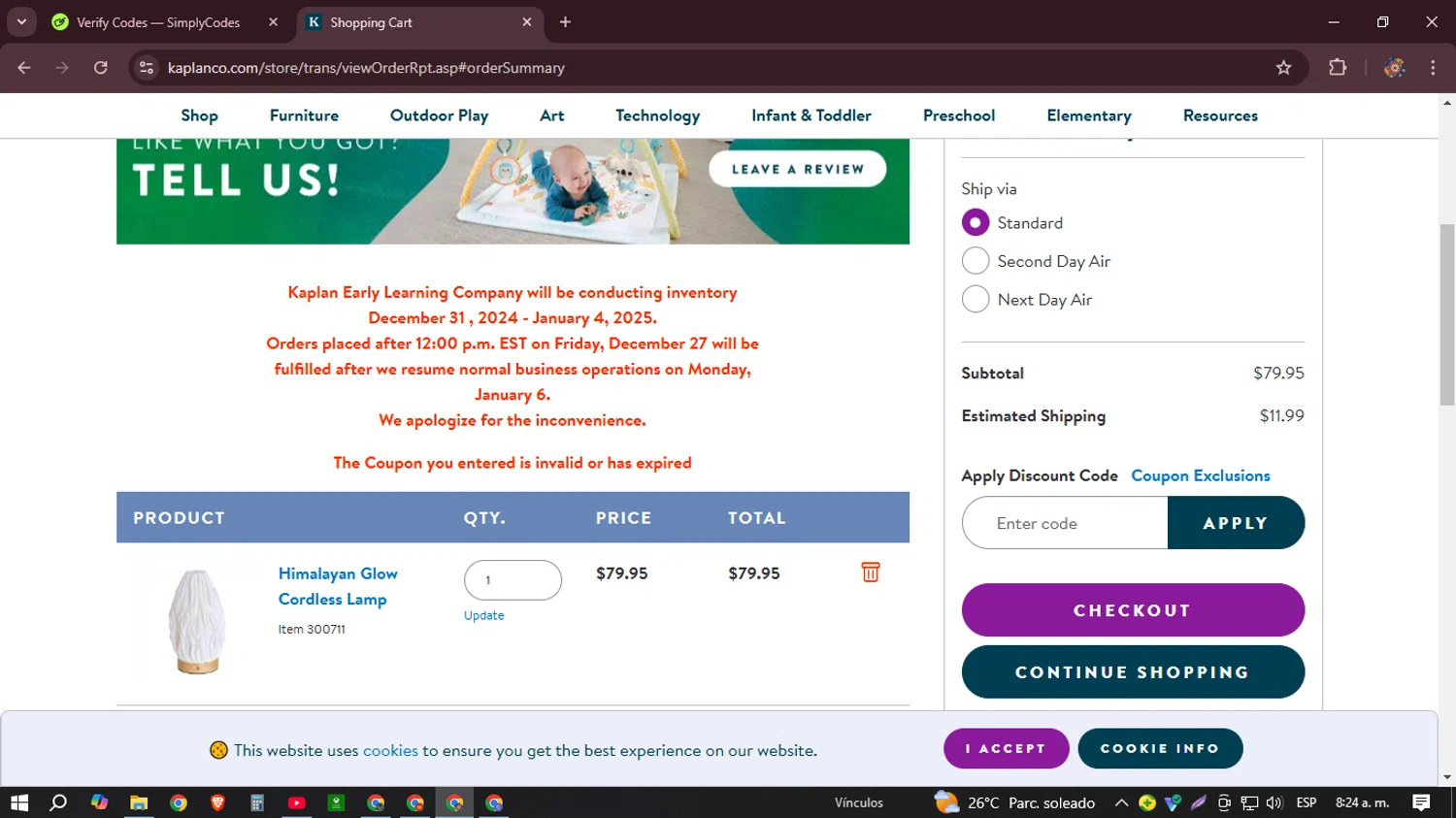 Kaplan Early Learning Company promo code screenshot showing code FREESHIP50 applied at Kaplan Early Learning Company checkout page. Uploaded by SimplyCodes community member BudgetHunter9184 on Dec 31, 2024