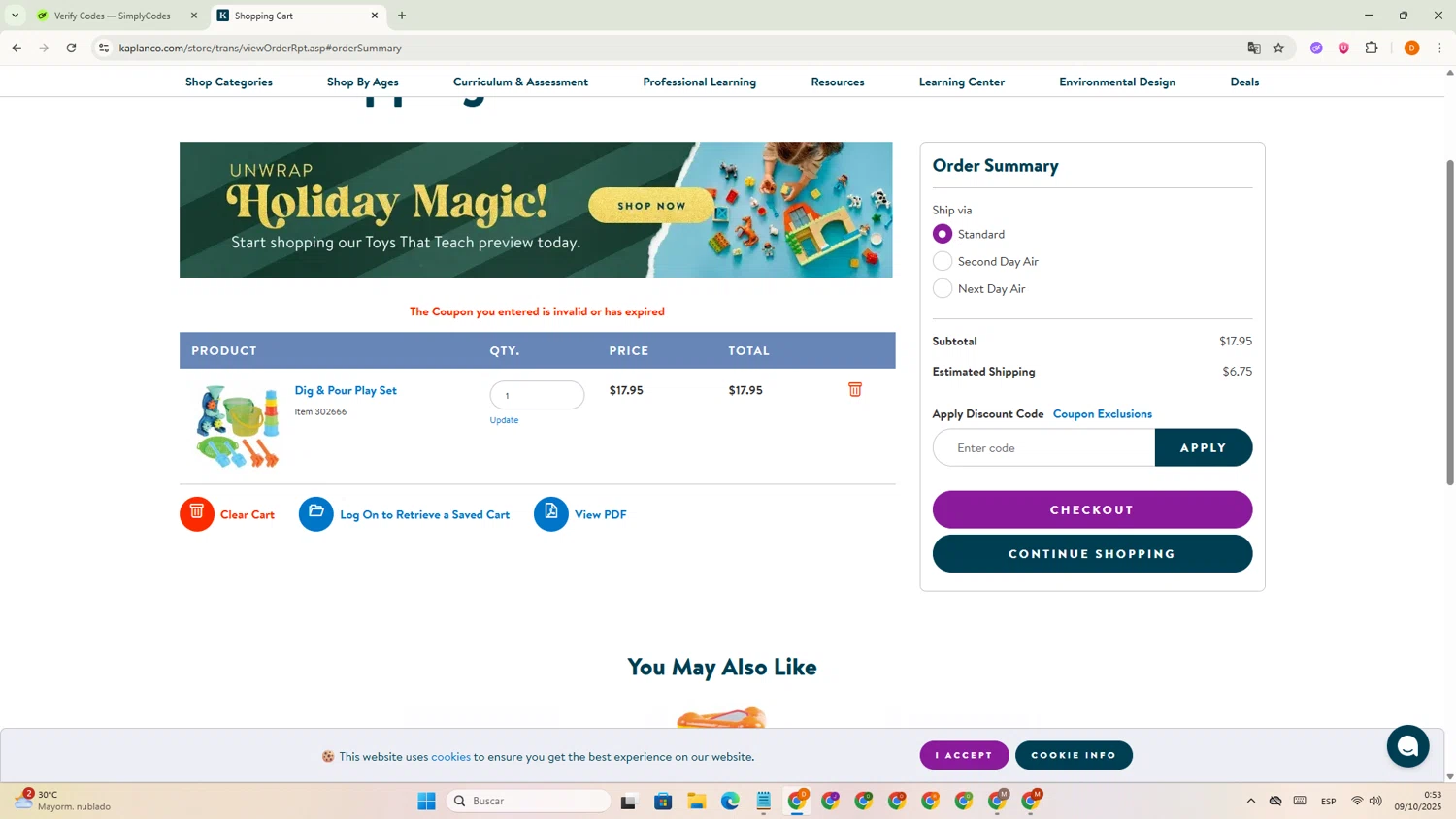 Kaplan Early Learning Company promo code screenshot showing code SHIPFREE25 applied at Kaplan Early Learning Company checkout page. Uploaded by SimplyCodes community member Dayana21 on Oct 8, 2025