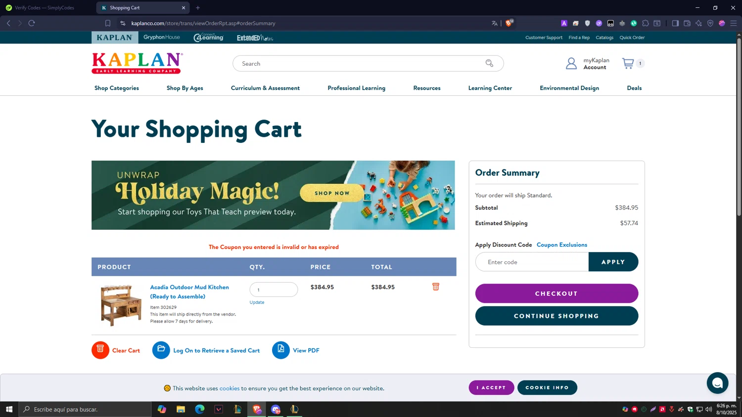 Kaplan Early Learning Company promo code screenshot showing code SHIPFREE25 applied at Kaplan Early Learning Company checkout page. Uploaded by SimplyCodes community member Tragedy on Oct 8, 2025