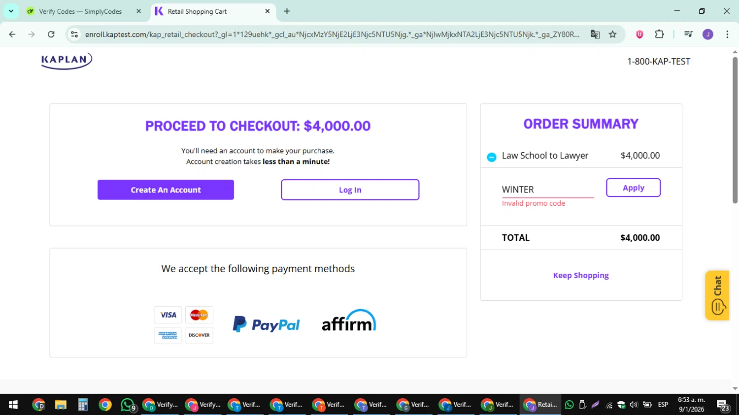 Kaplan Test Prep promo code screenshot showing code WINTER applied at Kaplan Test Prep checkout page. Uploaded by SimplyCodes community member sniderjack453 on Jan 9, 2026