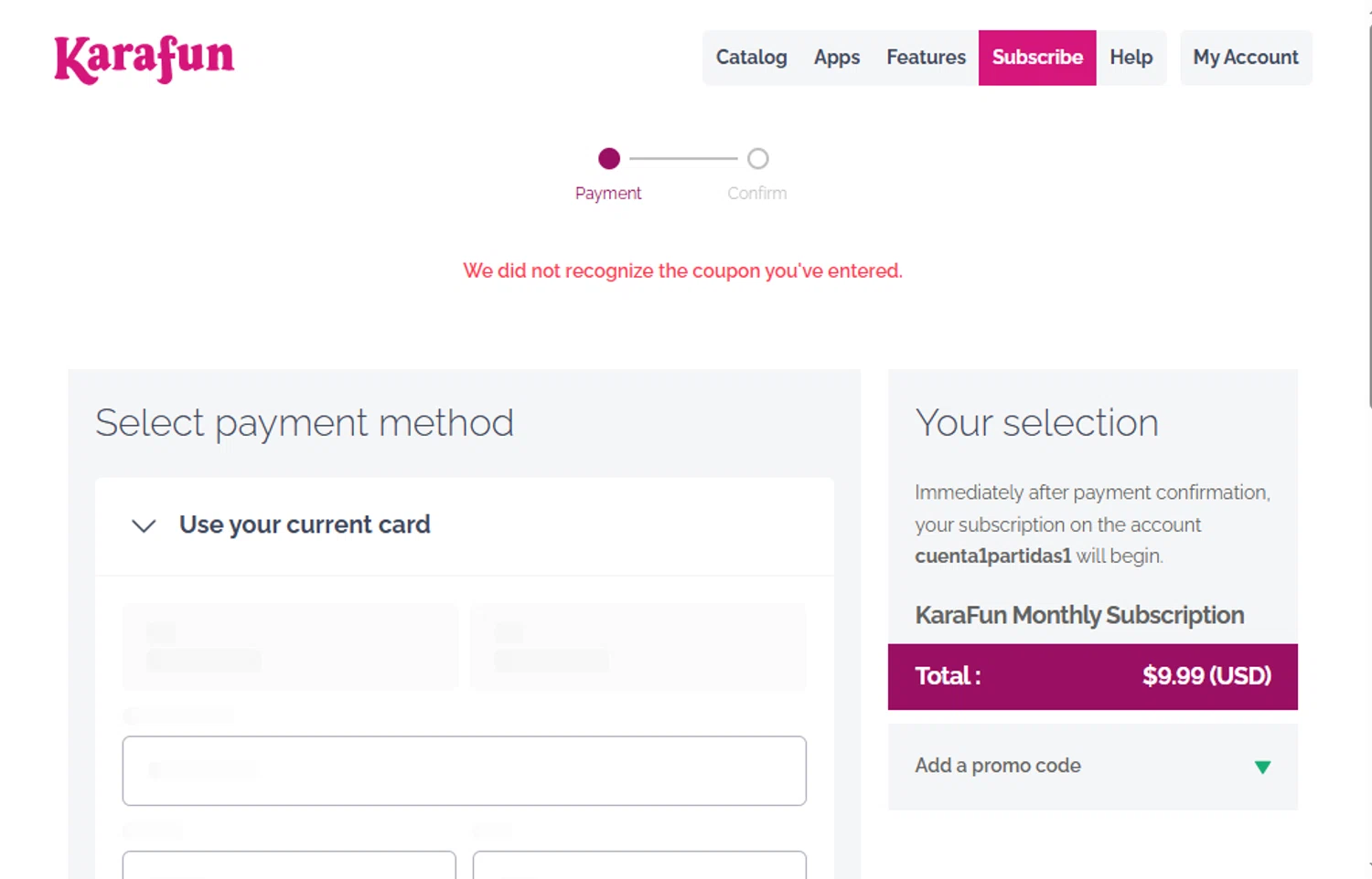 KaraFun promo code screenshot showing code JNVPOXP2 applied at KaraFun checkout page. Uploaded by SimplyCodes community member VoucherFinder3467 on Mar 16, 2025