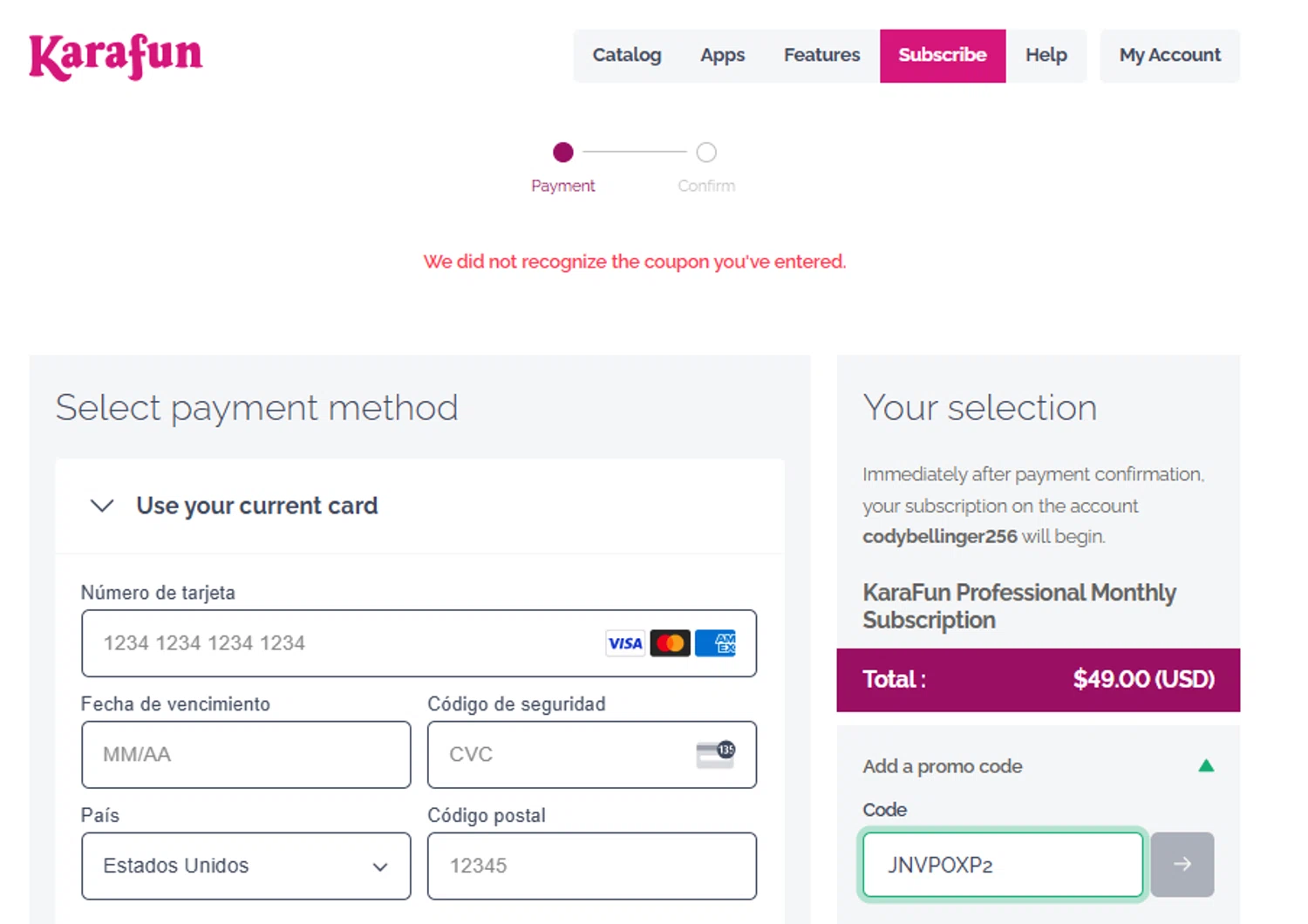 KaraFun promo code screenshot showing code JNVPOXP2 applied at KaraFun checkout page. Uploaded by SimplyCodes community member gilbertrondon on Jan 18, 2025