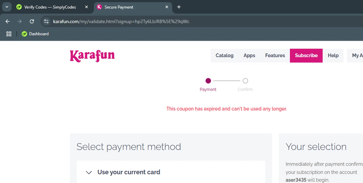 KaraFun promo code screenshot showing code SINGFREE applied at KaraFun checkout page. Uploaded by SimplyCodes community member OhmaTokita on Feb 23, 2025