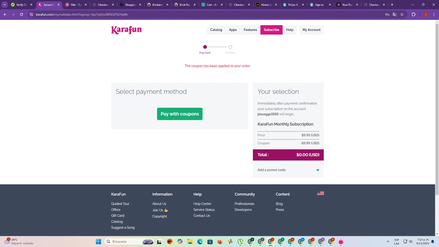 KaraFun checkout page showing KaraFun promo code box | Screenshot taken by SimplyCodes community member on Nov 9, 2024