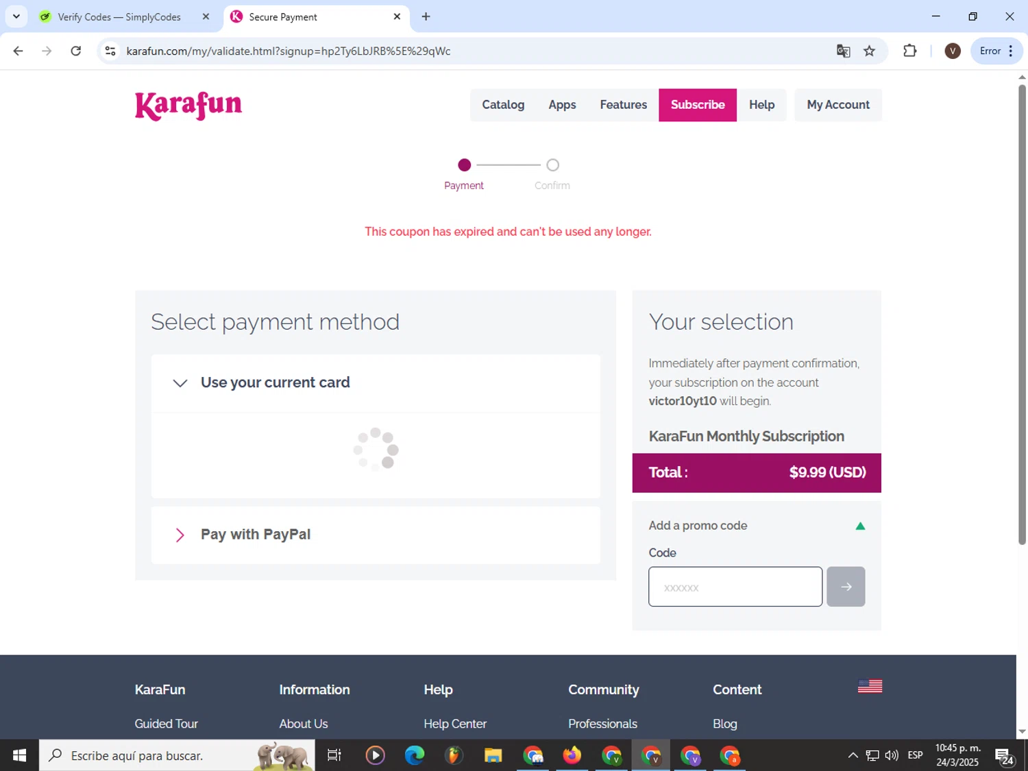 KaraFun promo code screenshot showing code SINGFREE applied at KaraFun checkout page. Uploaded by SimplyCodes community member CashLion3448 on Mar 25, 2025