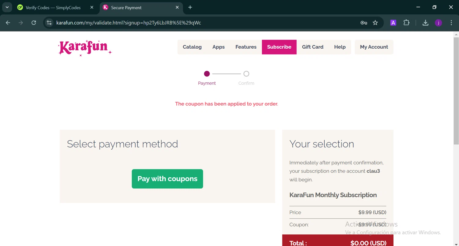 KaraFun checkout page showing KaraFun promo code box | Screenshot taken by SimplyCodes community member on Dec 8, 2024