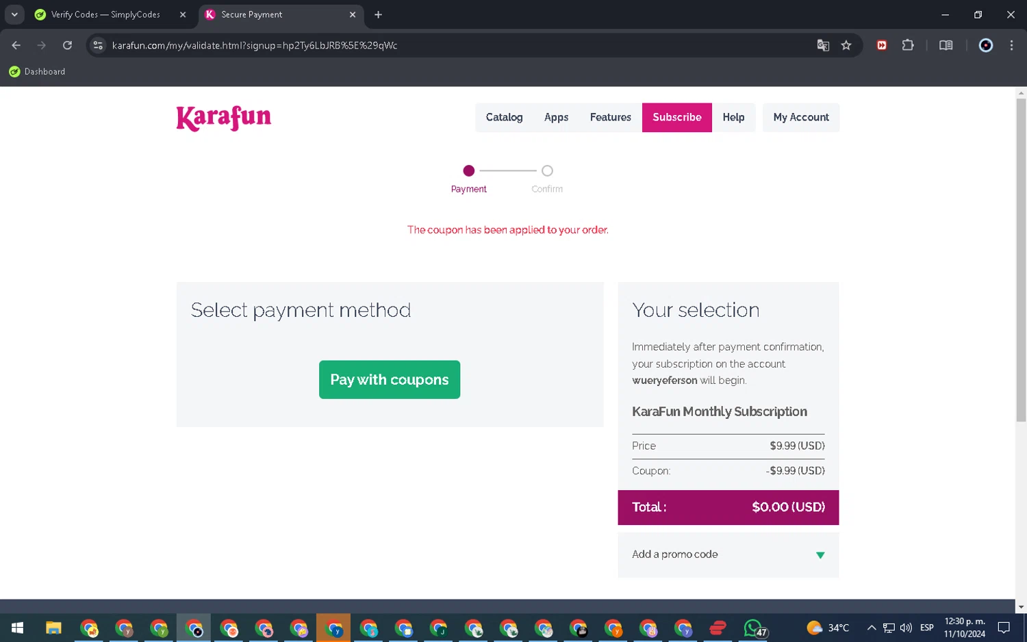 KaraFun checkout page showing KaraFun promo code box | Screenshot taken by SimplyCodes community member on Oct 11, 2024