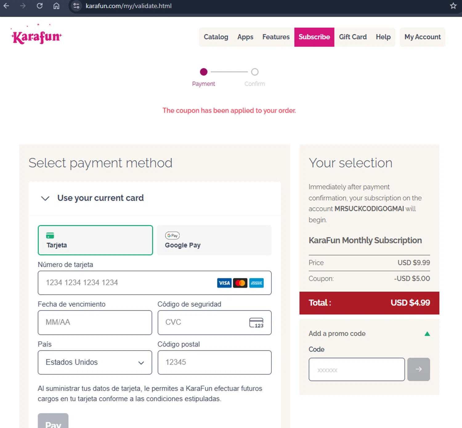 KaraFun promo code screenshot showing code BRI50 applied at KaraFun checkout page. Uploaded by SimplyCodes community member Jmhernand1 on Dec 25, 2025