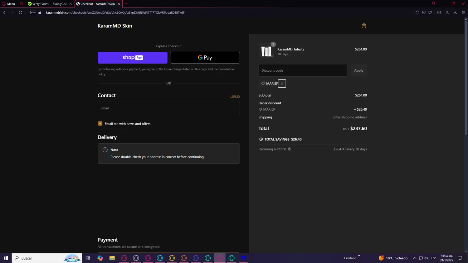 Karam MD Skin promo code screenshot showing code MARIEP applied at Karam MD Skin checkout page. Uploaded by SimplyCodes community member QuestMaven9651 on Jan 24, 2025