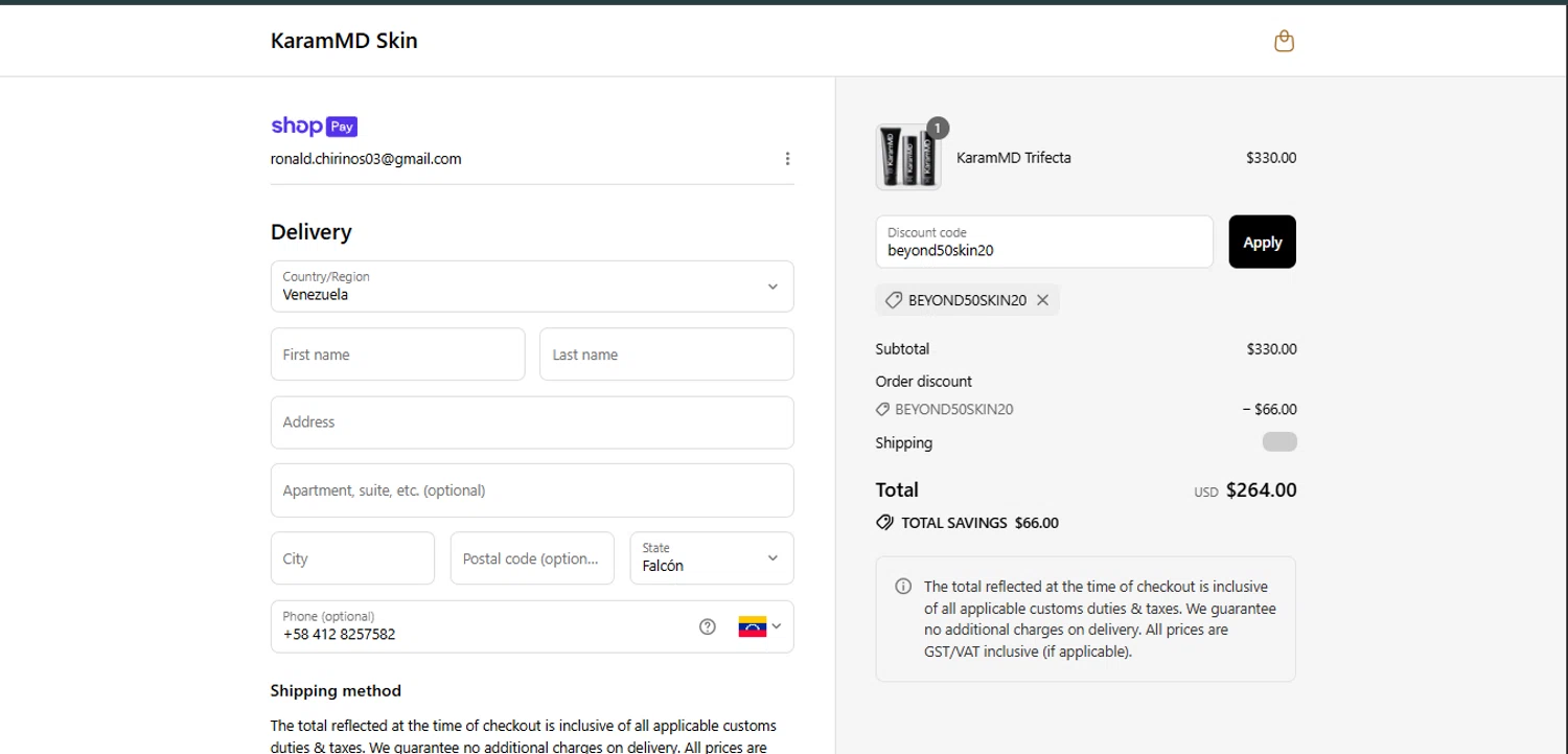 Karam MD Skin promo code screenshot showing code beyond50skin20 applied at Karam MD Skin checkout page. Uploaded by SimplyCodes community member BrilliantTitan7739 on Jul 19, 2025