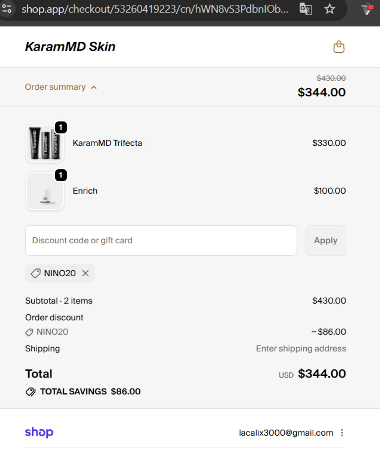 Karam MD Skin checkout page showing Karam MD Skin promo code box | Screenshot taken by SimplyCodes community member on Feb 18, 2026