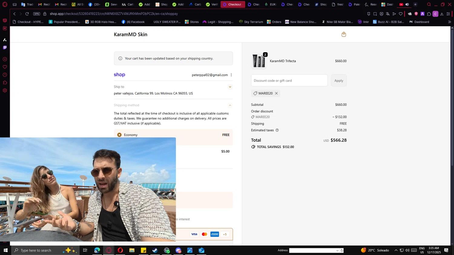 Karam MD Skin promo code screenshot showing code Maree20 applied at Karam MD Skin checkout page. Uploaded by SimplyCodes community member PrimeMaverick5747 on Dec 17, 2025