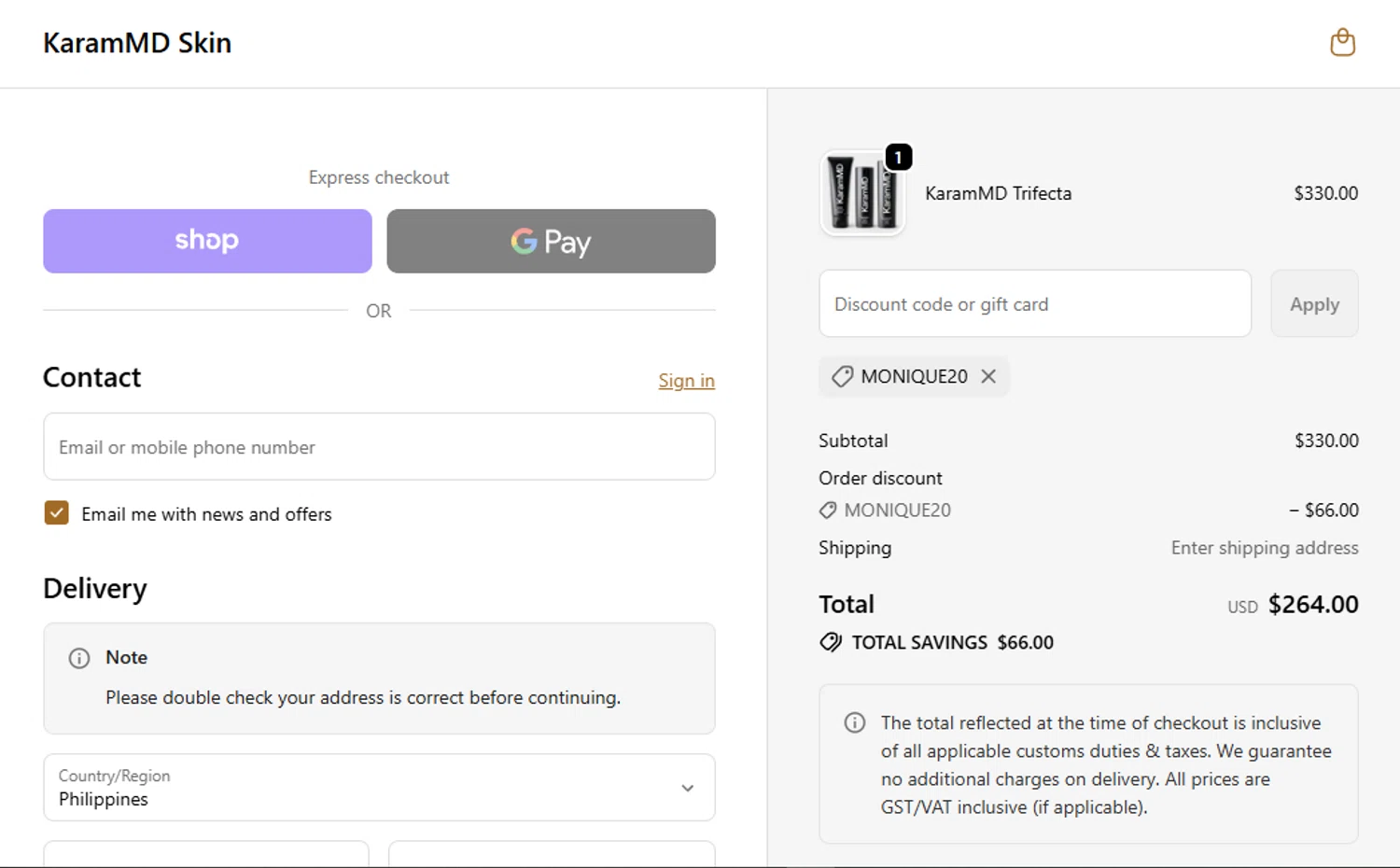 Karam MD Skin promo code screenshot showing code MONIQUE20 applied at Karam MD Skin checkout page. Uploaded by SimplyCodes community member BabyM11Billion on Dec 23, 2025