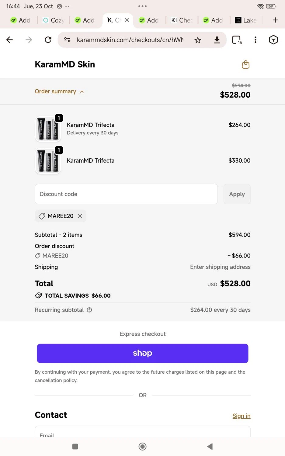 Karam MD Skin promo code screenshot showing code Maree20 applied at Karam MD Skin checkout page. Uploaded by SimplyCodes community member KarinaHZ on Oct 23, 2025