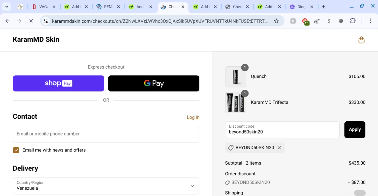 Karam MD Skin promo code screenshot showing code beyond50skin20 applied at Karam MD Skin checkout page. Uploaded by SimplyCodes community member KarinaHZ on Jun 21, 2025
