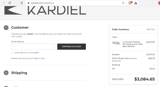 Kardiel checkout page showing Kardiel coupon code box | Screenshot taken by SimplyCodes community member on Aug 16, 2021