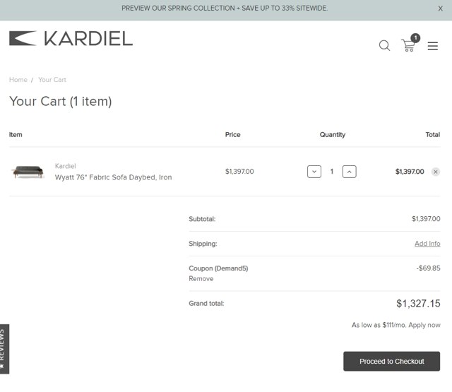 Kardiel checkout page showing Kardiel coupon code box | Screenshot taken by SimplyCodes community member on Apr 23, 2021