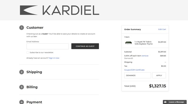 Kardiel checkout page showing Kardiel coupon code box | Screenshot taken by SimplyCodes community member on Mar 11, 2021