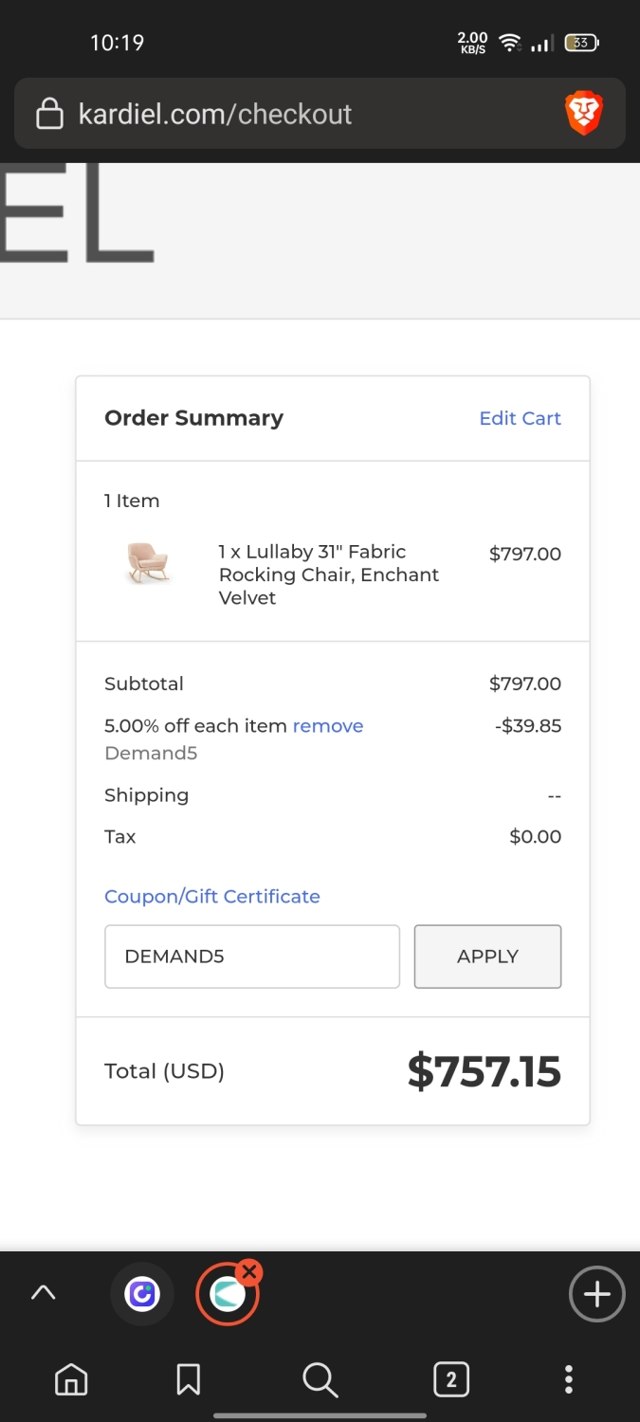 Kardiel checkout page showing Kardiel coupon code box | Screenshot taken by SimplyCodes community member on Nov 2, 2022