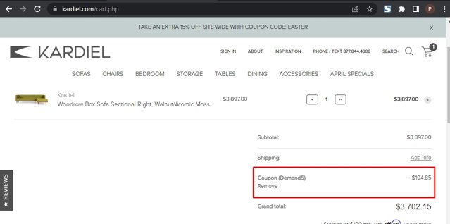 Kardiel checkout page showing Kardiel coupon code box | Screenshot taken by SimplyCodes community member on Apr 15, 2022