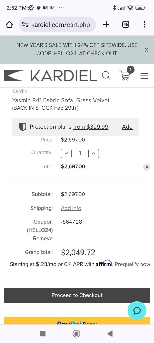 Kardiel checkout page showing Kardiel coupon code box | Screenshot taken by SimplyCodes community member on Jan 20, 2024
