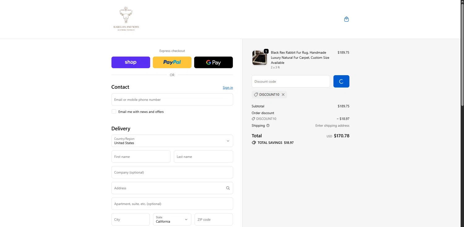 KareliasAndSons promo code screenshot showing code DISCOUNT10 applied at KareliasAndSons checkout page. Uploaded by SimplyCodes community member VoucherRanger9105 on Nov 25, 2025