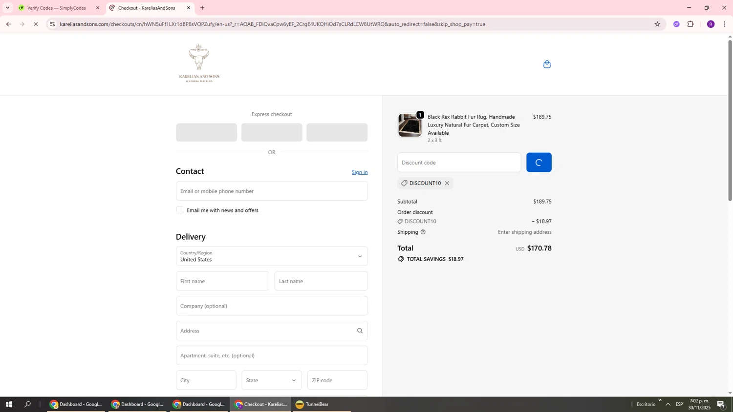 KareliasAndSons promo code screenshot showing code DISCOUNT10 applied at KareliasAndSons checkout page. Uploaded by SimplyCodes community member ukemochi on Nov 30, 2025