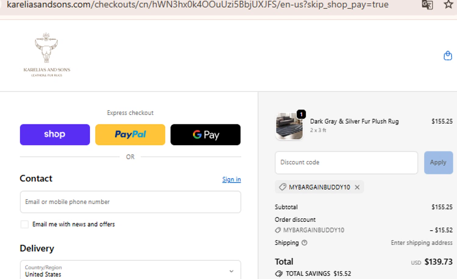 KareliasAndSons promo code screenshot showing code MYBARGAINBUDDY10 applied at KareliasAndSons checkout page. Uploaded by SimplyCodes community member BudgetLion5814 on Oct 4, 2025
