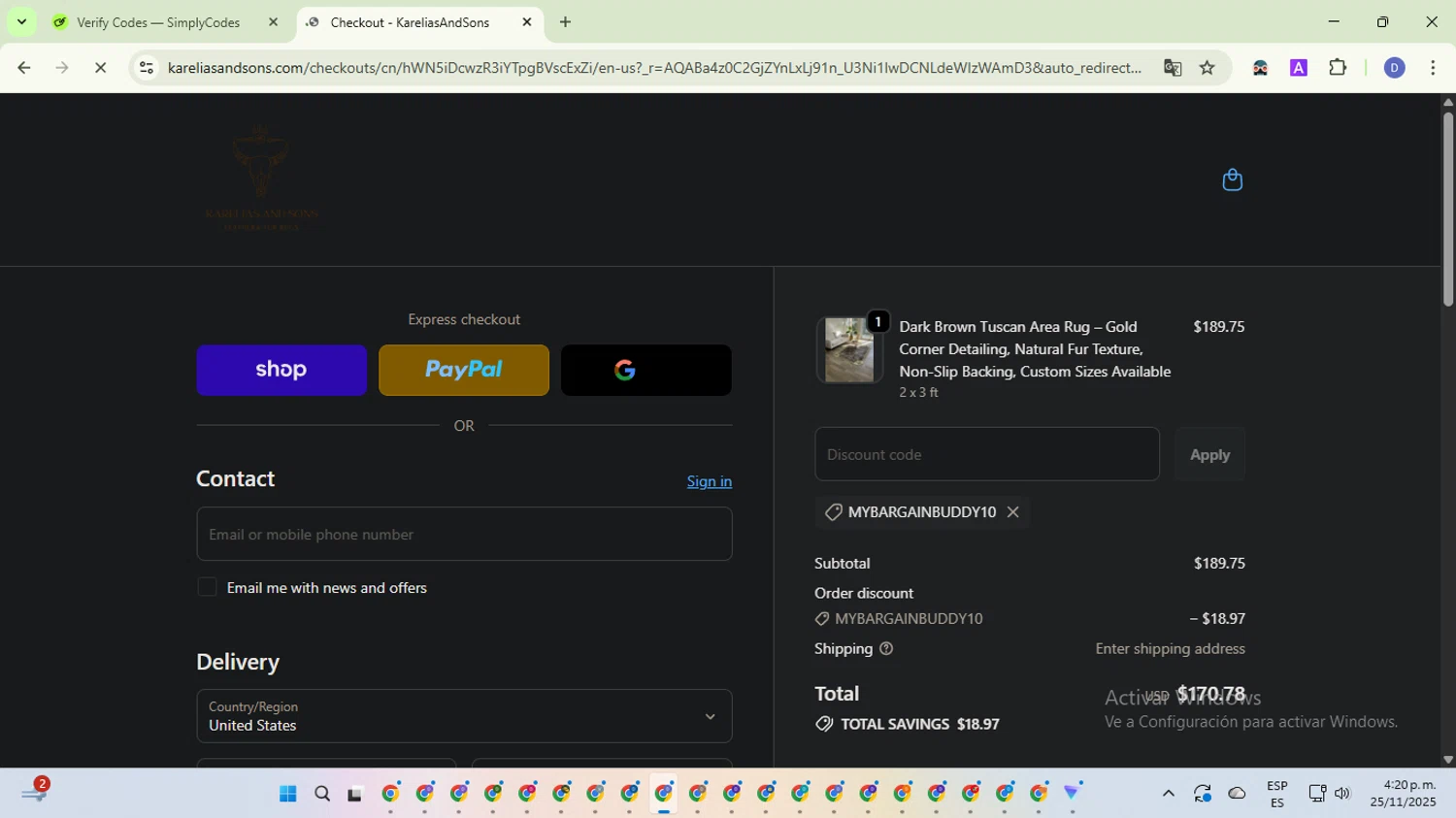 KareliasAndSons promo code screenshot showing code MYBARGAINBUDDY10 applied at KareliasAndSons checkout page. Uploaded by SimplyCodes community member VoucherTitan8325 on Nov 25, 2025