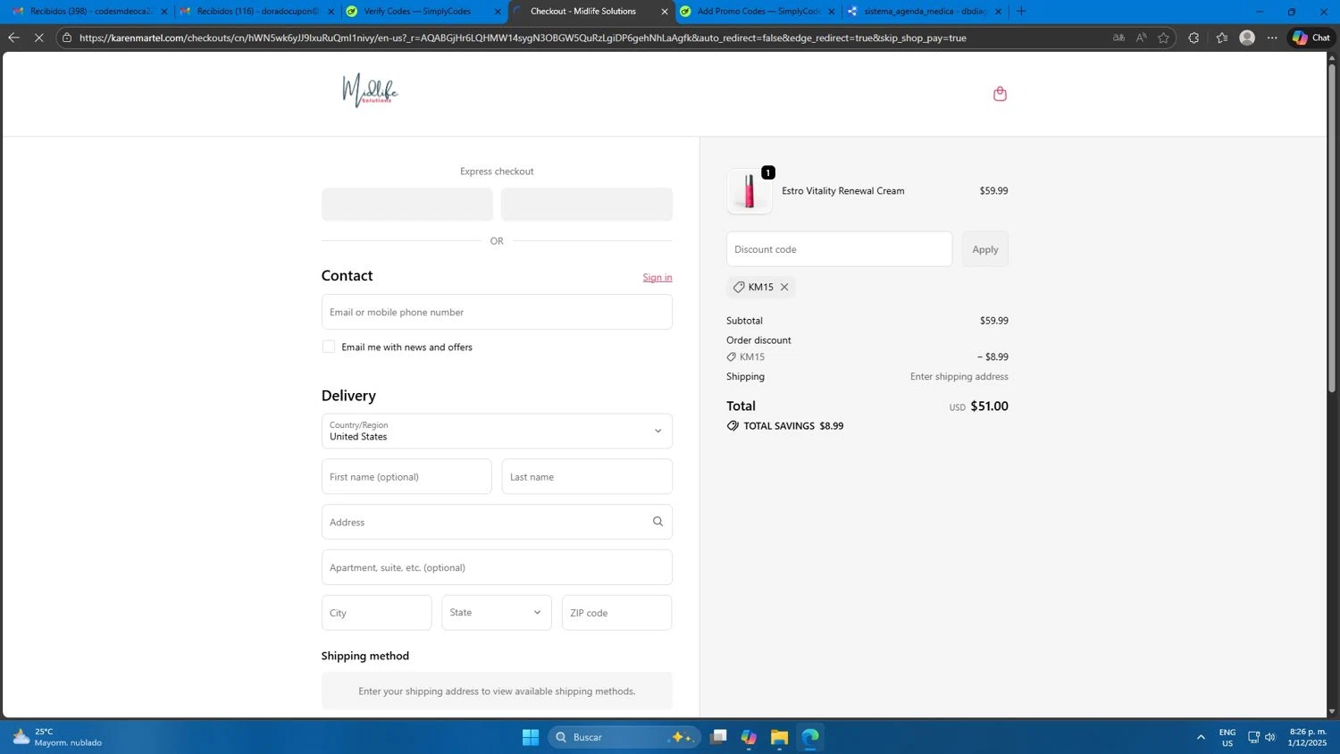 Karen Martel promo code screenshot showing code km15 applied at Karen Martel checkout page. Uploaded by SimplyCodes community member Mdeoca on Dec 2, 2025