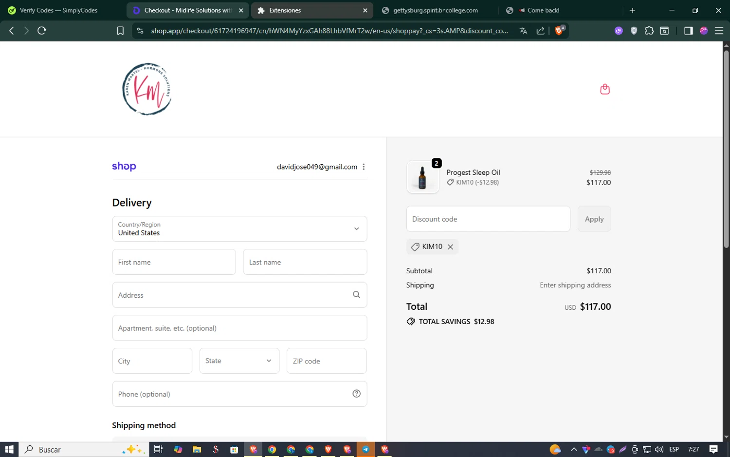 Karen Martel promo code screenshot showing code kim10 applied at Karen Martel checkout page. Uploaded by SimplyCodes community member SmartSaver5448 on Oct 21, 2025