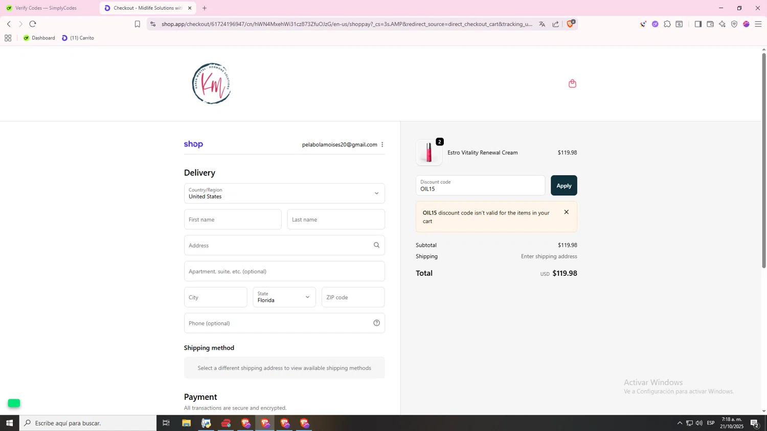Karen Martel promo code screenshot showing code OIL15 applied at Karen Martel checkout page. Uploaded by SimplyCodes community member 000000 on Oct 21, 2025