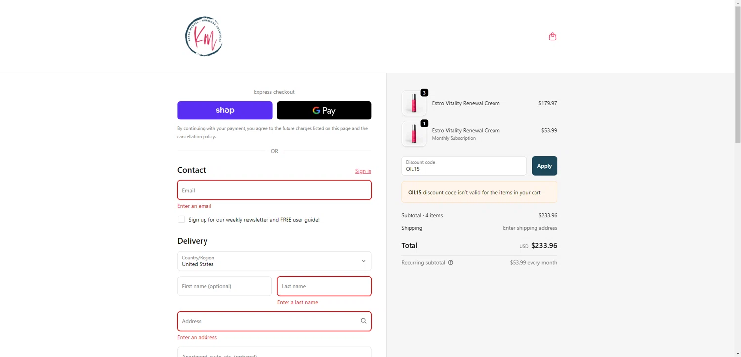Karen Martel promo code screenshot showing code OIL15 applied at Karen Martel checkout page. Uploaded by SimplyCodes community member SilverChaser3269 on Sep 22, 2025