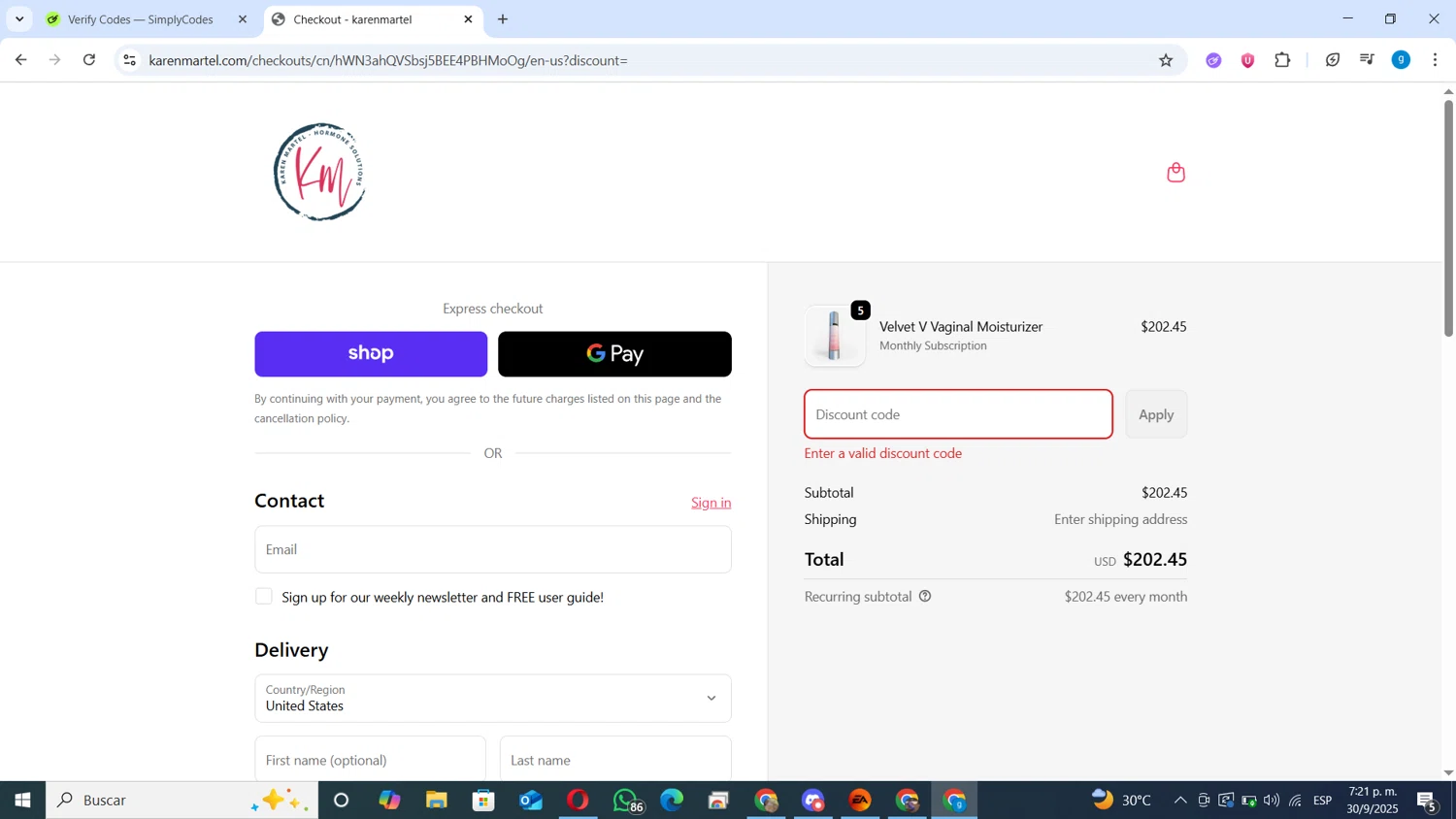 Karen Martel promo code screenshot showing code September15 applied at Karen Martel checkout page. Uploaded by SimplyCodes community member ANDRES10 on Sep 30, 2025