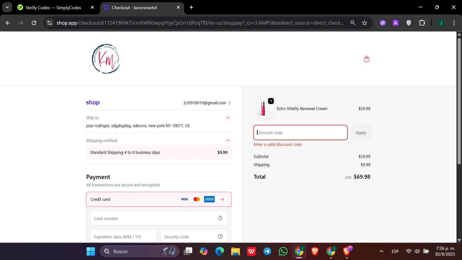 Karen Martel promo code screenshot showing code September15 applied at Karen Martel checkout page. Uploaded by SimplyCodes community member hanzell03 on Sep 30, 2025
