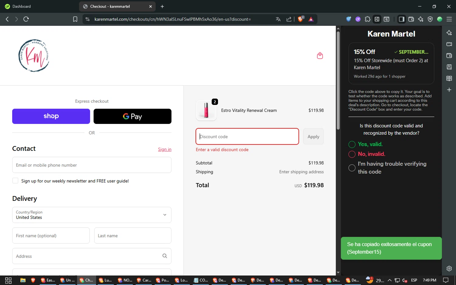 Karen Martel promo code screenshot showing code September15 applied at Karen Martel checkout page. Uploaded by SimplyCodes community member nadita on Sep 30, 2025