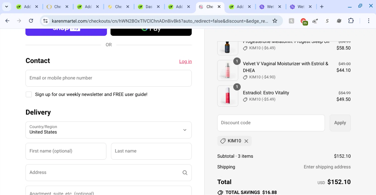 Karen Martel promo code screenshot showing code kim10 applied at Karen Martel checkout page. Uploaded by SimplyCodes community member KarinaHZ on Aug 24, 2025