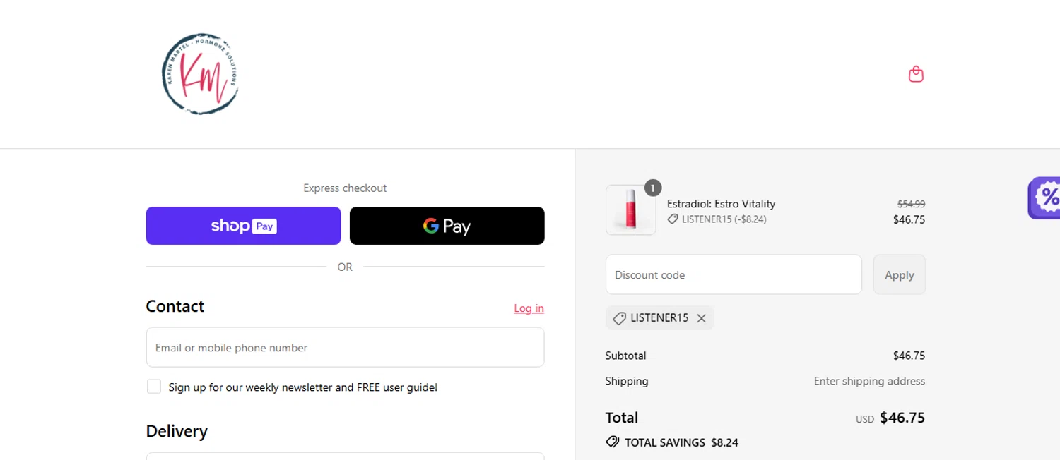 Karen Martel promo code screenshot showing code LISTENER15 applied at Karen Martel checkout page. Uploaded by SimplyCodes community member shark12 on Aug 24, 2025