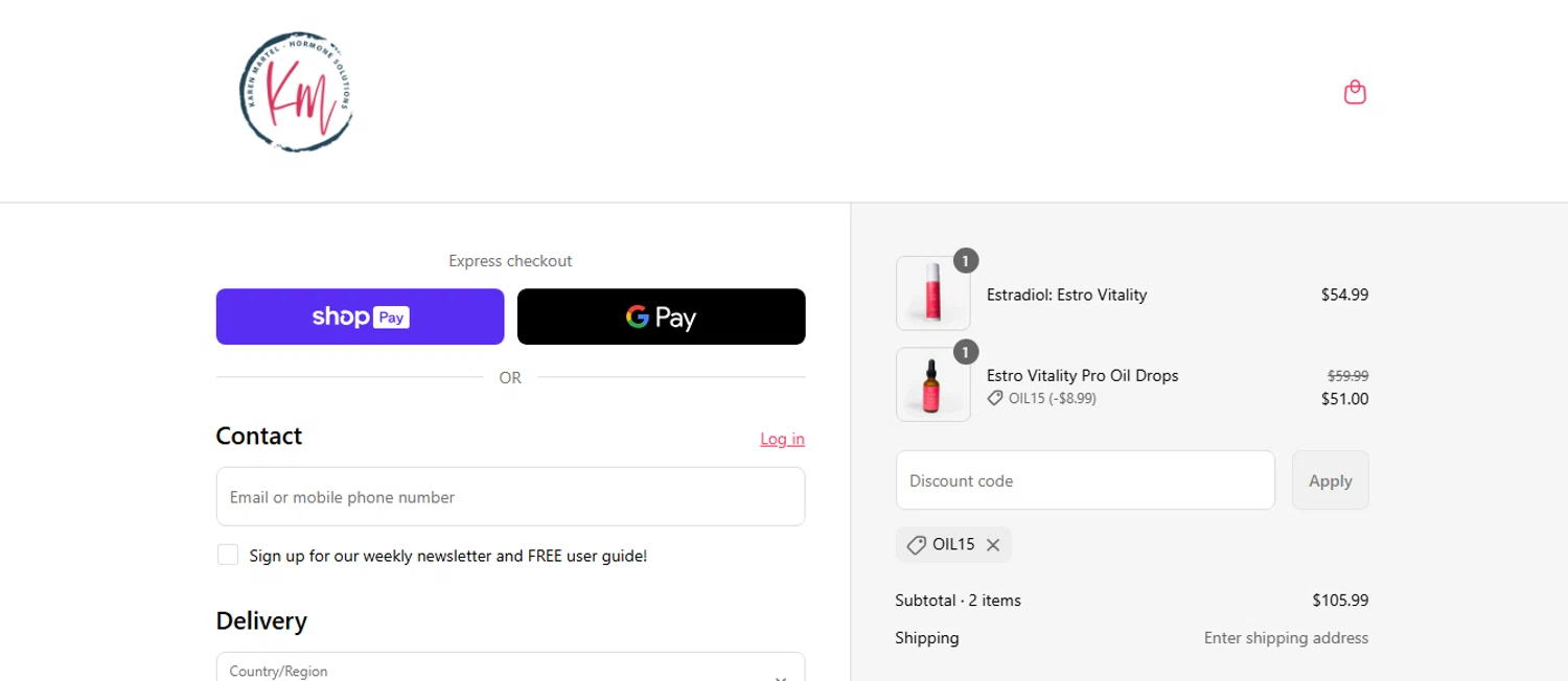 Karen Martel promo code screenshot showing code OIL15 applied at Karen Martel checkout page. Uploaded by SimplyCodes community member shark12 on Aug 24, 2025