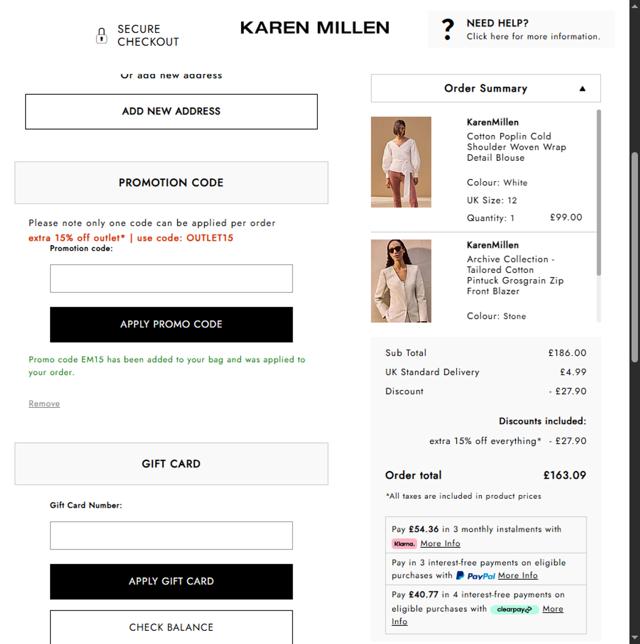 Karen Millen AU checkout page showing Karen Millen AU promo code box | Screenshot taken by SimplyCodes community member on Sep 9, 2025