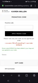 Extra15 coupon verification screenshot