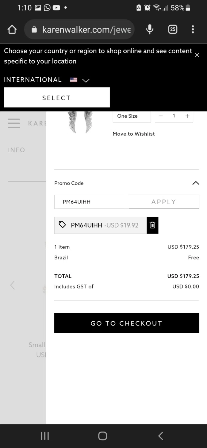 Karen Walker checkout page showing Karen Walker promo code box | Screenshot taken by SimplyCodes community member on Jul 10, 2022