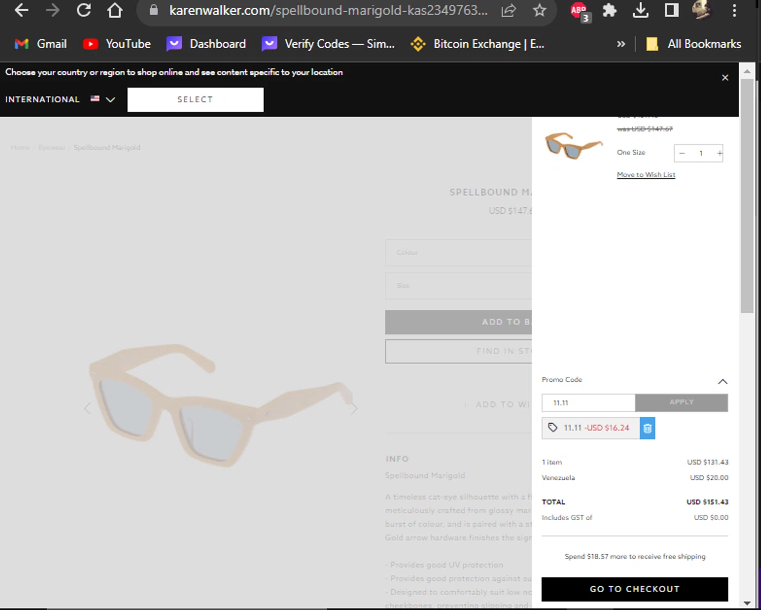 Karen Walker checkout page showing Karen Walker promo code box | Screenshot taken by SimplyCodes community member on Nov 10, 2023