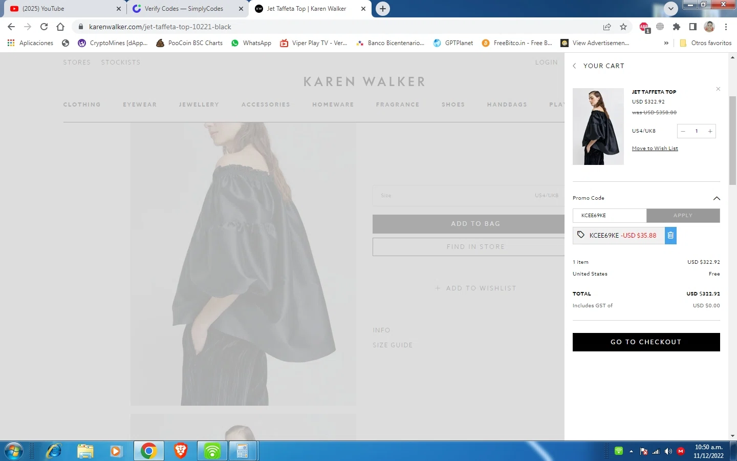 Karen Walker checkout page showing Karen Walker promo code box | Screenshot taken by SimplyCodes community member on Dec 11, 2022